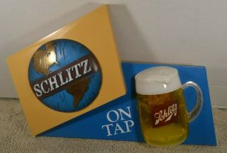 Jos Schlitz Beer On Tap Plastic Sign Globe Glass Foam Label 1971 Milwaukee Wisc