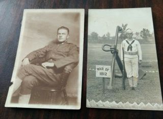 World War One Real Photo Postcard Us Doughboy Seated Sailor Poses By Anchor 1812