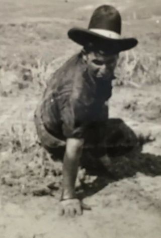 Old Found Photo Man Named Tex In Cowboy Hat Sitting On Cactus Western Vintage
