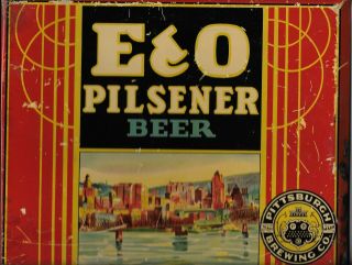 E & O Pilsener Beer Sign Tin On Cardboard Pittsburgh Brewing Co.  11 " X 9 1/2 "