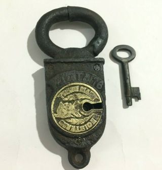 Antique Iron Victorian Crab Lock Padlock With Key Rare Collectible
