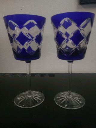 Ajka Crystal Diamond Cut To Clear Cobalt Blue Wine Glass Pair 2