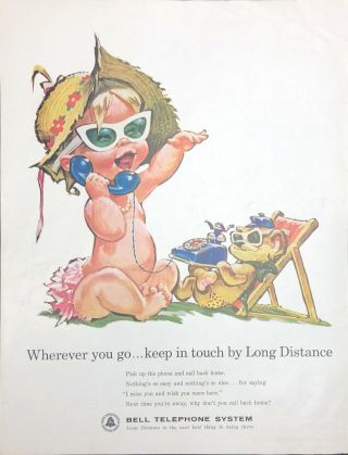 Vintage 1962 Bell Telephone Cute Baby With Teddy Bear In Sunglasses Print Ad