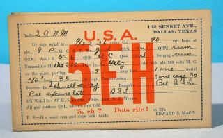 1926 Ham Radio Qsl Card - 5eh,  Dallas,  Texas