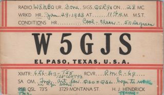 Vintage Qsl Ham Radio Cards Posted W5gjs El Paso Texas Tx 1938