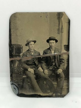 Vintage 1800’s Tintype Photo 2 Men Makes Sitting And Posing Crease In Middle 16