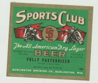 Burlington Brewing Co.  Sports Club Beer Burlington,  Wis.