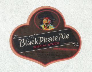 Beer Label - Canada - Black Pirate Ale - British American - Windsor,  Ontario