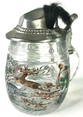 Vintage West Germany Dog Hunt Pewter Lidded Stein Glass Mug Cup Boar Stag Beer