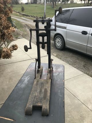 Antique Barn Beam Boring Auger Drill Press.  Hand Crank Cast Iron.