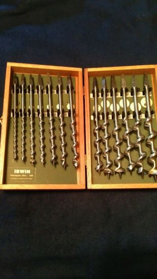 Vintage Irwin Auger 13 Piece Bit Set Wood Box With Cardboard Outer Box