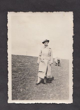 C1930s Photo: Lady In Hat & Coat Standing In A Field With Sheep