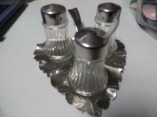 Vintage Glass And Stainless 3 Piece Salt And Pepper Shaker,  Sugar Jar And Tray