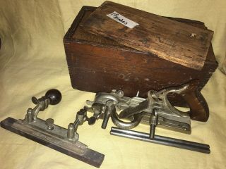 Antique Stanley No.  45 Sweetheart Combination Plow Plane Wood Case & Blades 