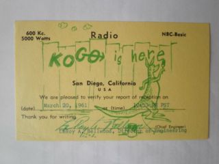 Qsl Card From Radio Station Kogo San Diego California 1961