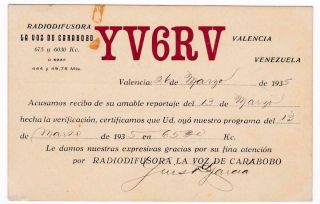 Qsl,  Shortwave Station Yv6rc,  La Voz De Carabobo,  Venezuela,  1935