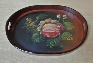 Vintage French Oval Wood Tray Hand Painted Floral 6.  8 " X 9.  8 "