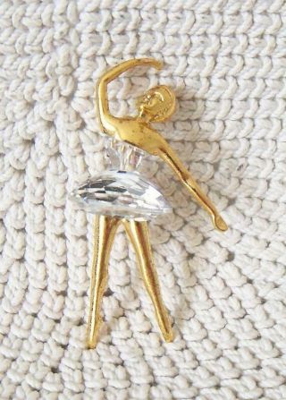 Signed Swarovski Crystal Ballerina Gold Plated Pin/brooch 1 7/8 " Long