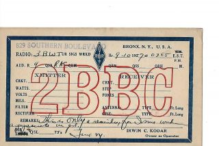 1927 2bbc Bronx N.  Y.  Qsl Radio Card