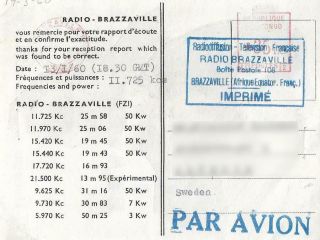 1960 QSL: Radio Brazzaville,  Brazzaville,  French Equatorial Africa 2