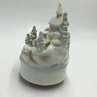 Otagiri Japan White Ceramic Winter Scene with Church Revolving Music Box 3