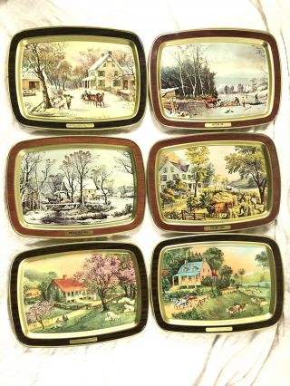 Set Of 6 Currier And Ives Collect Metal Tin Trays Tv Dinner Trays 14.  5x11 "