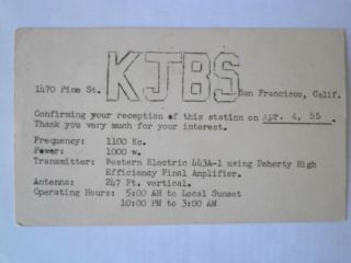 Qsl Card From Radio Station Kjbs San Francisco California 1955