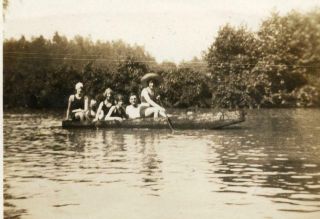 F95 Vtg Photo Bathing Swim Suit Flappers Riding A Log,  Oar Rowing