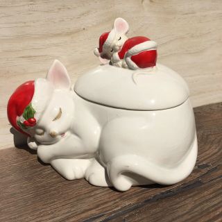 Fitz And Floyd Christmas Cat And Mouse Lidded Box Figurine Santa Hat Suit 1979