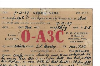 1927 O - A3c South Africa Qsl Radio Card