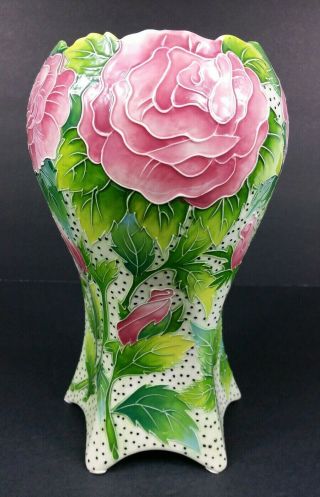 J.  Mccall 2004 Blue Sky Vase Embossed Pink Flowers Green Leaves Euc