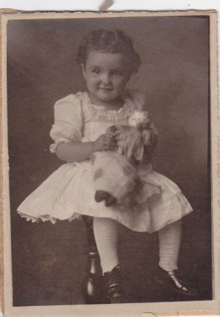 Cabinet Card Photo Cute Little Girl In Pretty Dress Holding Her Toy Baby Doll