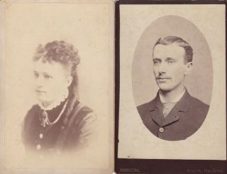 2 Cabinet Cards Lady Curls,  Ringlet Hair,  Necklace,  Gentleman Mustache,  Port Jervis