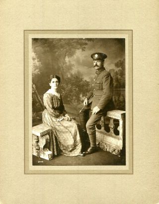 1900s Photograph Portrait Of A Soldier With Swagger Stick And His Wife