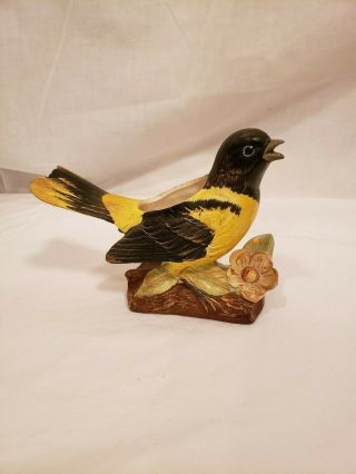 Vintage Yellow Bird Planter,  Inarco E - 1235,  Bird On Stump W/ Flower,  Sticker - Ed