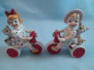 Vintage Ceramic Boy & Girl Figurines On Bikes Tricycle Bicycle W/ Dog & Cat