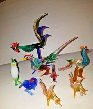 Set Of 8 Collectible Miniature Blown Glass Roosters,  Pheasant,  Peacock & Birds
