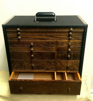 Vintage H Gerstner & Sons 12 Drawer Dentist chest Tool Box Oak faux Leather 2