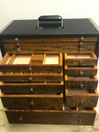 Vintage H Gerstner & Sons 12 Drawer Dentist chest Tool Box Oak faux Leather 3