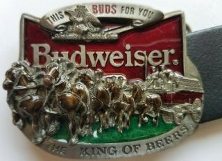 Vintage Budweiser Belt Buckle W/leather Belt 1987 Pewter Clydesdales Near