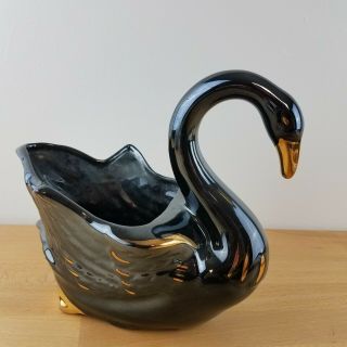 Vintage Ceramic Black Swan Planter W/ Metallic Gold Accents - Bird Planter Vase