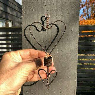 Wow Antique 1800s Unique Folk Art Primitive Metal Wire Hearts Candle Holder