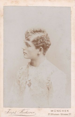 Cabinet Card Lady,  Curly Parted Hair,  Fancy Jacket,  Large Pin,  Munchen Germany