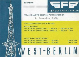 1958 Qsl: Sender Freies Berlin,  West - Berlin,  West Germany - Brd