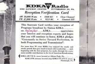 1961 Qsl: Radio Kdka,  Pittsburgh,  Usa