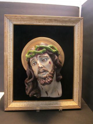 Antique Chalkware Christ Crown Of Thorns Wall Plaque Jesus Framed 3d Glass Eyes