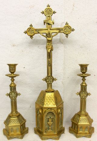 Antique Crucifix Triptych By Altar Crucifix With Candlesticks