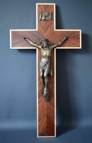 French Antique Large Bronze And Wood Wall Cross Crucifix