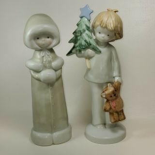 Vintage Christmas Enesco Kinka Raecath Porcelain Boy & Girl Figurine Set