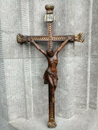 Big Antique 1840 France Monastery Wall Carved Wood Cross Crucifix Jesus Corpus